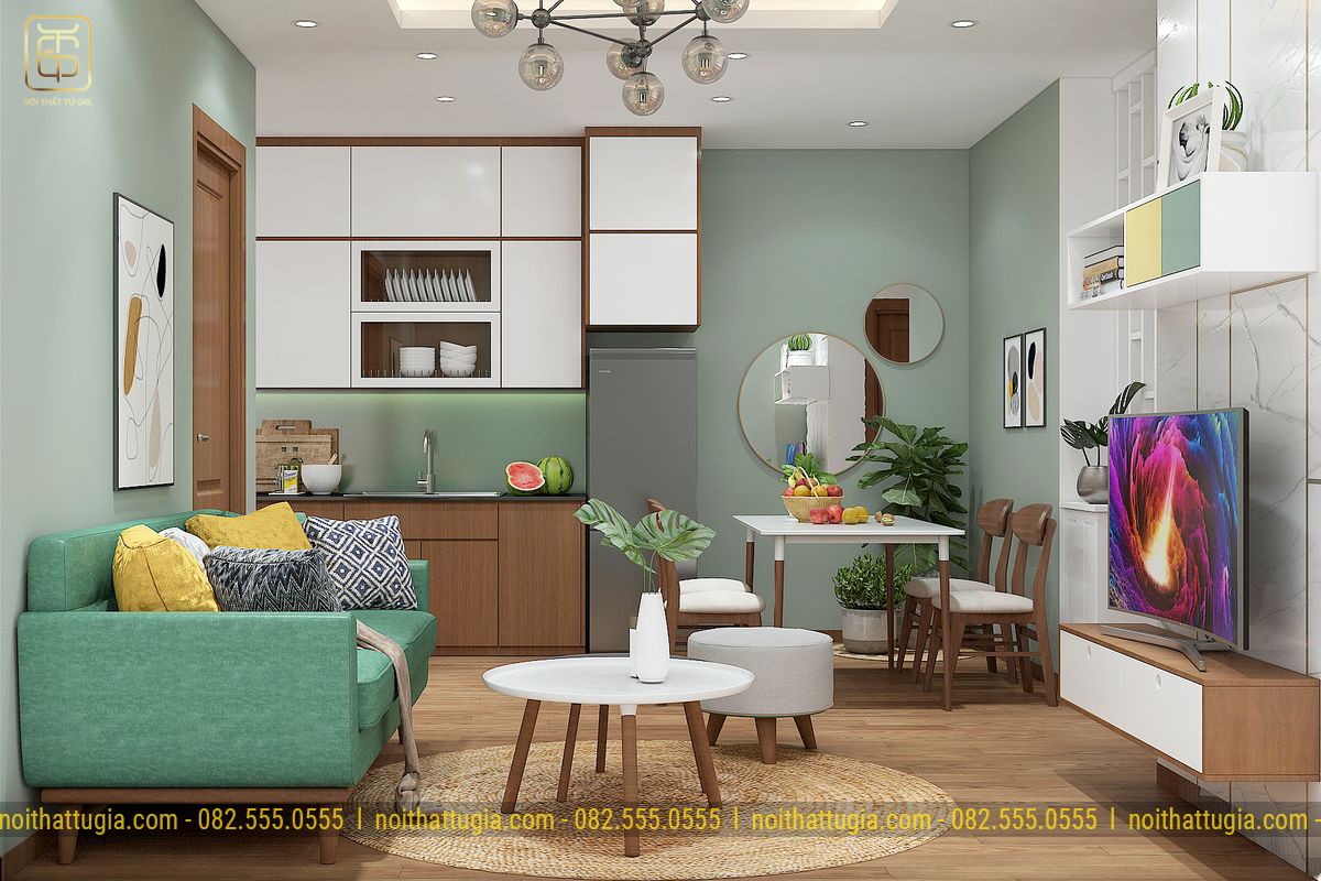 Thiết kế nội thất phòng khách căn hộ chung cư 50m2 nhỏ gọn, phù hợp với không gian