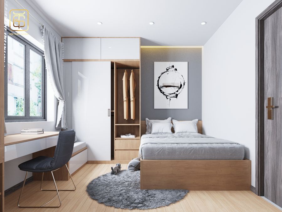 Phòng ngủ với tông màu trắng chủ đạo, đồ nội thất được bố trí đơn giản tinh tế