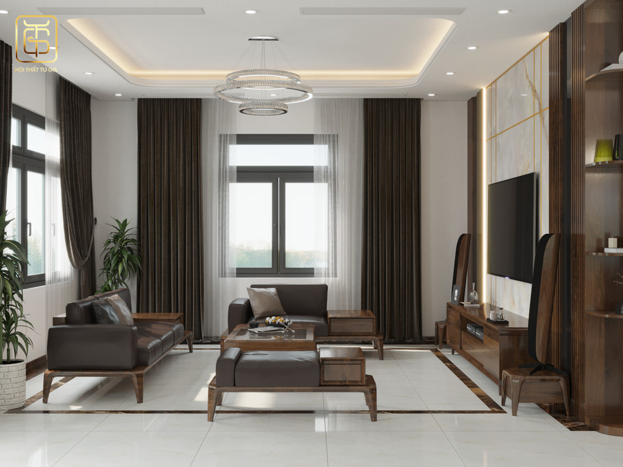Các mẫu trang trí phòng khách bằng gỗ tự nhiên Chiu Liu với tông màu nâu đậm giúp không gian trở nên huyền bí hơn