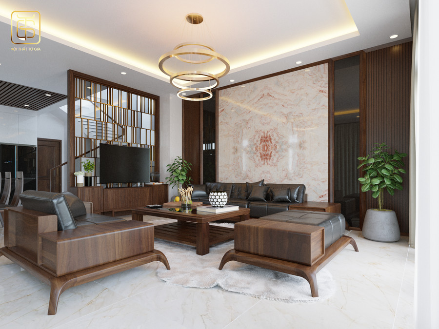 Các mẫu trang trí phòng khách bằng gỗ tự nhiên Chiu Liu khi kết hợp cùng những tấm đá ốp tường sang trọng