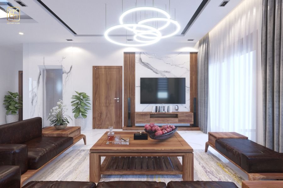 Các mẫu đền trần màu trắng sáng khi kết hợp cùng các mẫu trang trí phòng khách bằng gỗ tự nhiên Chiu Liu giúp không gian trở nên sang trọng hơn
