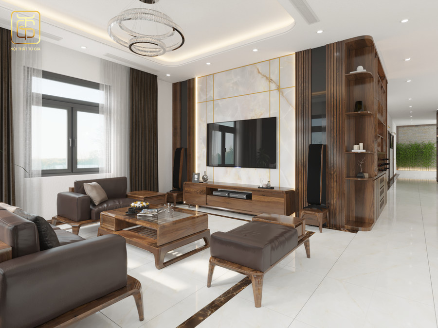 Việc trang trang trí phòng khách bằng gỗ tự nhiên Chiu Liu khi kết hợp cùng sàn gạch màu trắng sẽ giúp không gian trở nên thoáng đãng hơn