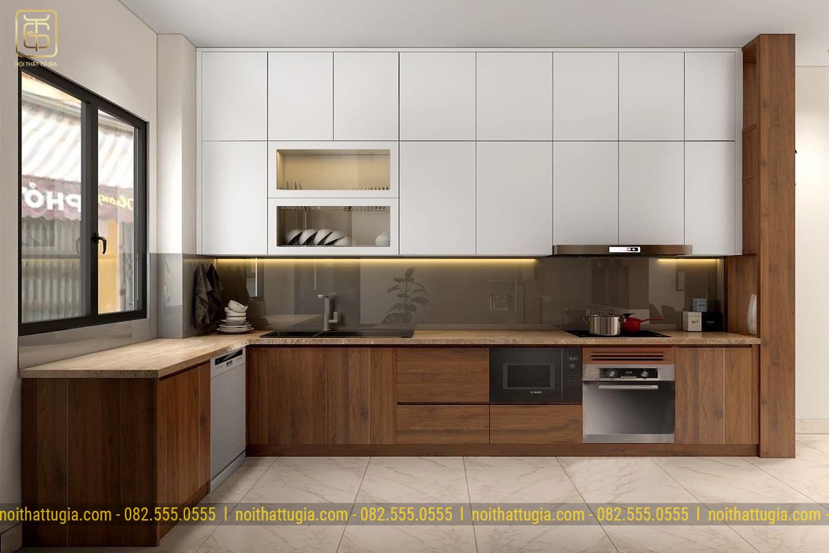 Tủ bếp được thiết kế hoàn toàn bằng MDF Thái lan cao cấp kết hợp với lớp sơn phủ melamine hiện đại